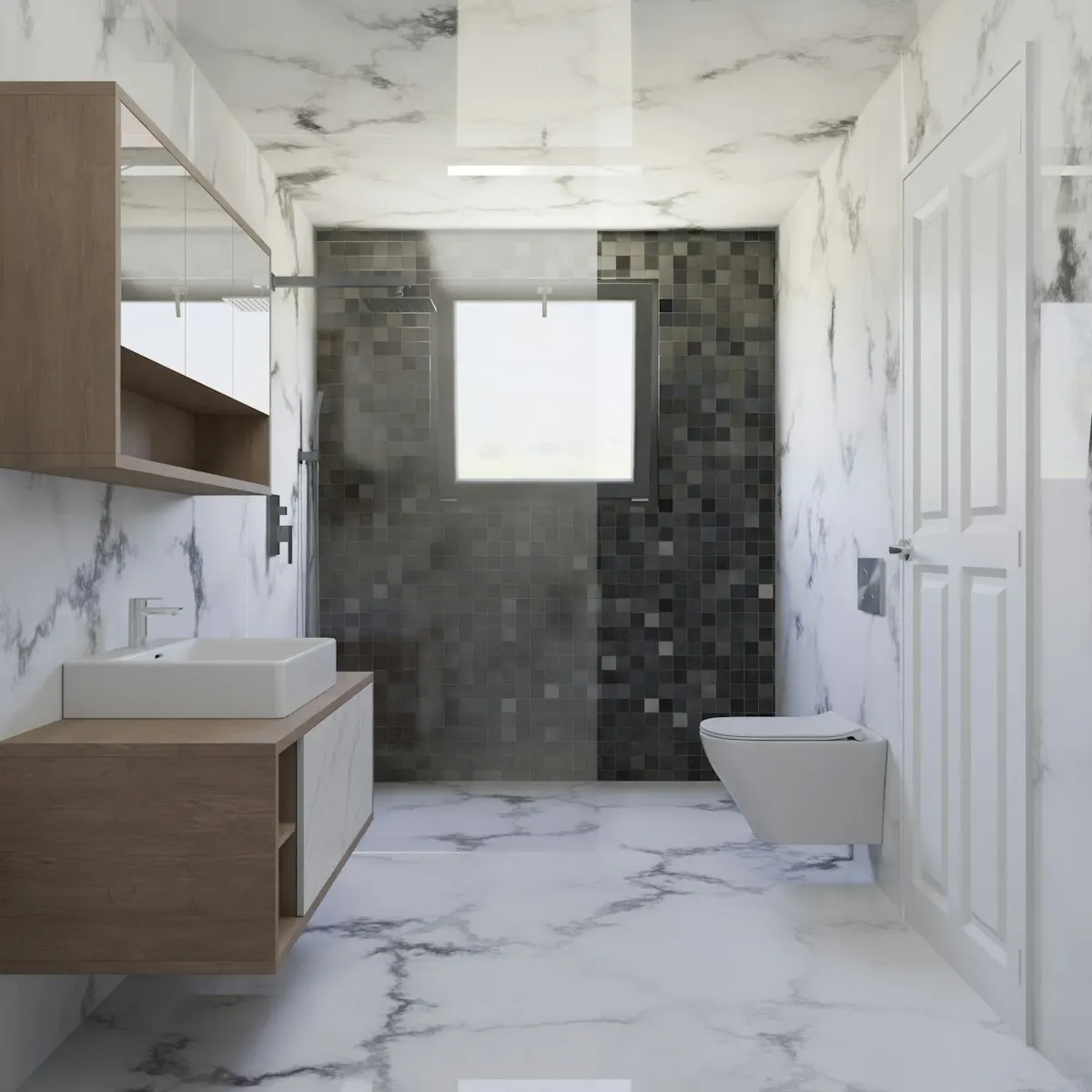 Contemporary marble bathroom with timber floating cabinetry and a walk-in shower