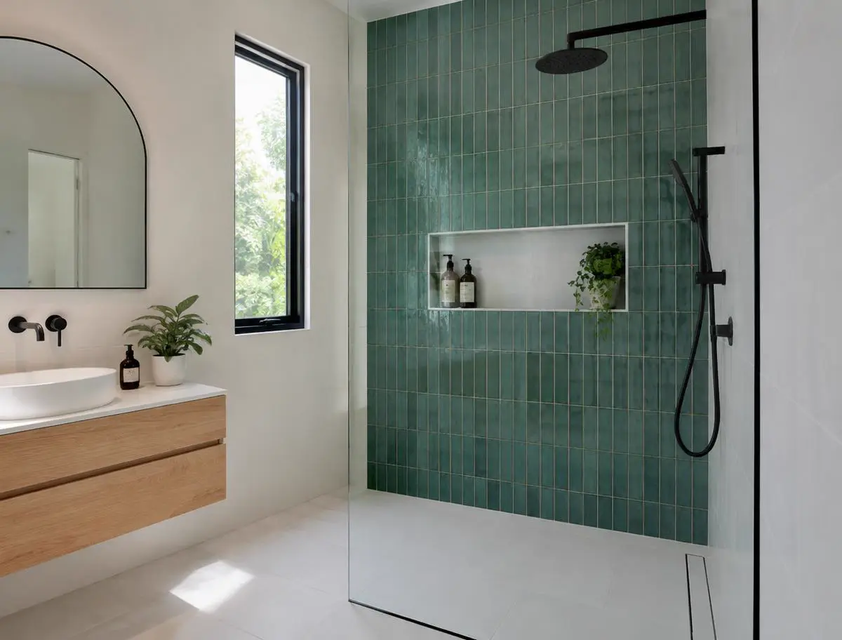 Walk-in shower design inspiration with green feature tiles for a Cairns tropical bathroom